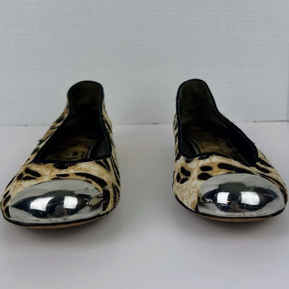Sam Edelman Jordie Leopard Ballet Flats Calf Hair Leather Silver Cap Toe Shoes 8